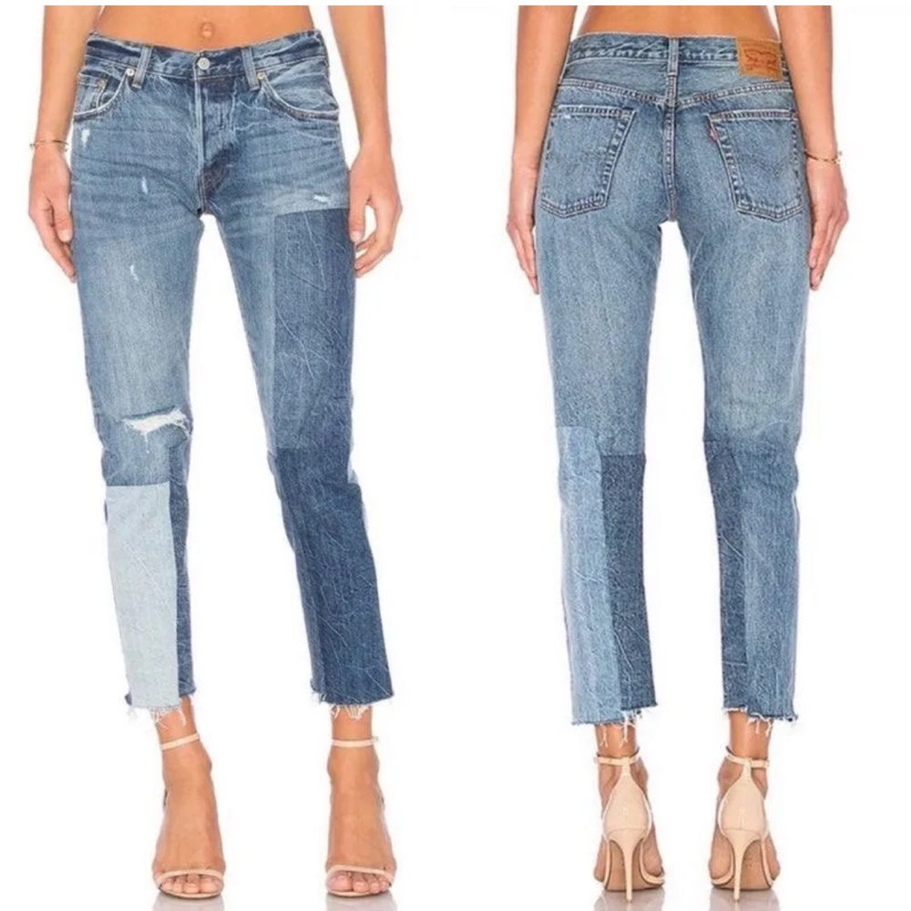 Levi's 501 Color-block Patchwork Ragged Lands Raw Hem Slim Straight Denim Jeans